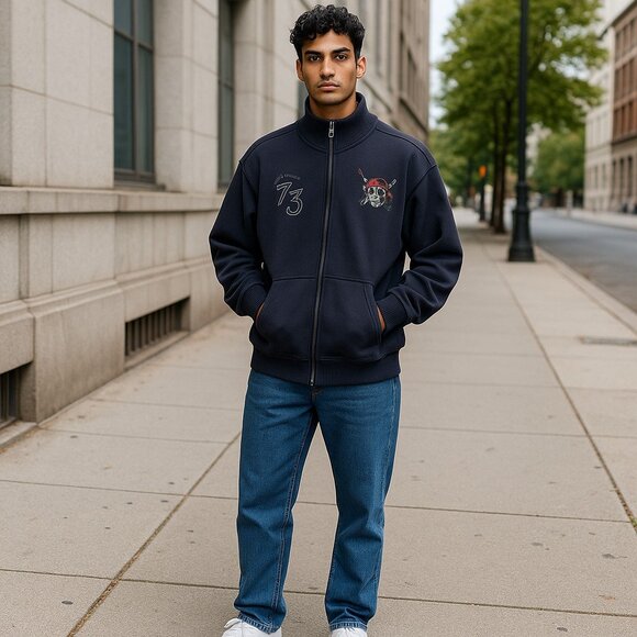 DISNEY Pirates of the Caribbean Full Zip Sweatshirt Mens XL Black Embroider Knit - Picture 1 of 10